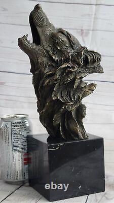 Signée Original Pleurant Loup Bronze Sculpture Buste Marbre Figurine Lopez