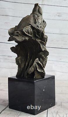 Signée Original Pleurant Loup Bronze Sculpture Buste Marbre Figurine Lopez