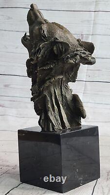 Signée Original Pleurant Loup Bronze Sculpture Buste Marbre Figurine Lopez