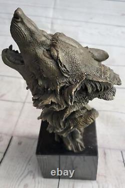 Signée Original Pleurant Loup Bronze Sculpture Buste Marbre Figurine Lopez