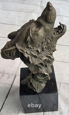 Signée Original Pleurant Loup Bronze Sculpture Buste Marbre Figurine Lopez