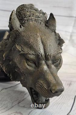 Signée Original Pleurant Loup Bronze Sculpture Buste Marbre Figurine Lopez