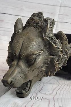 Signée Original Pleurant Loup Bronze Sculpture Buste Marbre Figurine Lopez