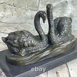 Signée Original Rare Cygne Cygnes Bronze Sculpture Grand Détail Marbre Figurine