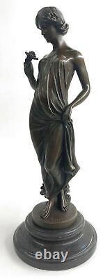 Signée Ouvre Fille Fleur Bronze Sculpture Art Déco Marbre Base Figurine Décor