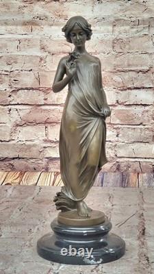 Signée Ouvre Fille Fleur Bronze Sculpture Art Déco Marbre Base Figurine Décor