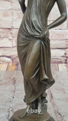 Signée Ouvre Fille Fleur Bronze Sculpture Art Déco Marbre Base Figurine Décor