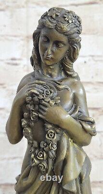 Signée Ouvre Fille Fleur Bronze Sculpture Art Déco Marbre Figurine Base