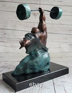 Signée Pure Bronze Marbre Art Hercules Haltérophilie Sculpture Bodybuilder