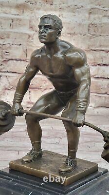 Signée Pure Bronze Marbre Statue Art Hercules Haltérophilie Sculpture Décor Nr