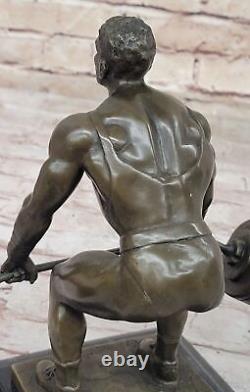 Signée Pure Bronze Marbre Statue Art Hercules Haltérophilie Sculpture Décor Nr