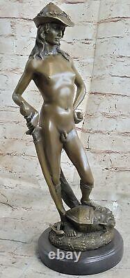 Signée Restitution De Donatello David Nu Mâle Sculpture Marbre Figurine Érotique