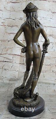 Signée Restitution De Donatello David Nu Mâle Sculpture Marbre Figurine Érotique