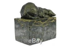 Signée Slepping Polar Ours Bronze Livre Fin Deco Marbre Sculpture Statue