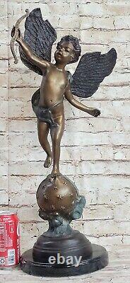 Signée St. Valentin Jour Cupidon Bronze Sculpture Statue Sur Marbre Base Fonte