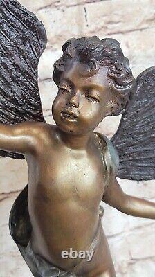 Signée St. Valentin Jour Cupidon Bronze Sculpture Statue Sur Marbre Base Fonte
