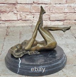 Signée Véritable Bronze Sur Marbre Base Serre-Livres Sculpture Nu Fille Exposé