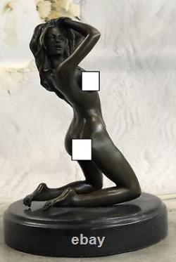 Signée Véritable Bronze Sur Marbre Base Serre-Livres Sculpture Nu Fille Statue