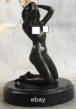 Signée Véritable Bronze Sur Marbre Base Serre-Livres Sculpture Nu Fille Statue
