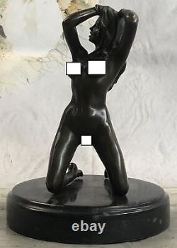 Signée Véritable Bronze Sur Marbre Base Serre-Livres Sculpture Nu Fille Statue