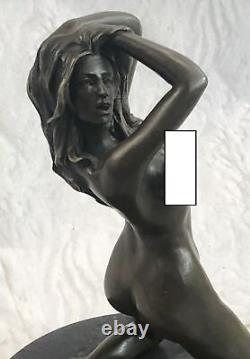 Signée Véritable Bronze Sur Marbre Base Serre-Livres Sculpture Nu Fille Statue