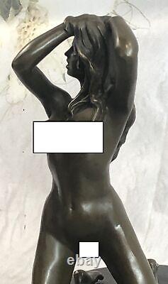 Signée Véritable Bronze Sur Marbre Base Serre-Livres Sculpture Nu Fille Statue