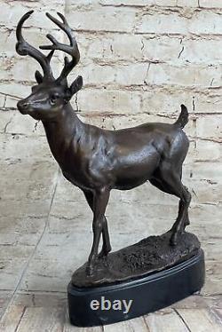 Signée Villanis Mâle Renne Buck Chasse Bronze Sculpture Marbre Figurine
