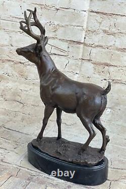 Signée Villanis Mâle Renne Buck Chasse Bronze Sculpture Marbre Figurine