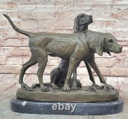 Signée Vintage Chasse Chiens Bronze Sculpture Art Déco Marbre Base Soldé