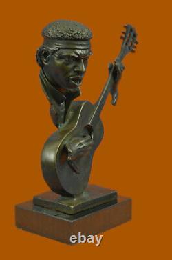 Signée Williams Abstrait Homme Jouer Guitare Bronze Buste Sculpture Marbre Base