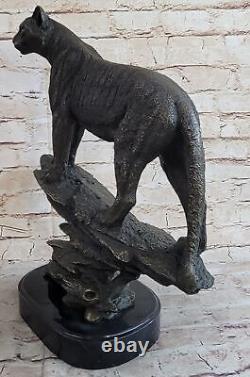 Signée en Bronze Sur Marbre Montagne Lion Puma Cougar Chat Statue Sculpture Art