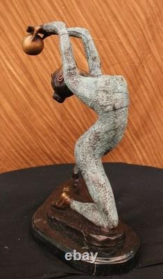 Statue En Bronze Signée De Gymnaste Nue Art Déco Detaillée Sur Socle En Marbre