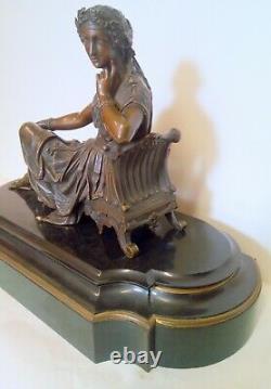 Statue Femme Drapee Bronze Signe P. Hebert 1823-1893 Socle Marbre Noir