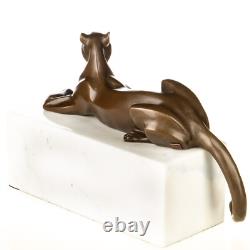 Statue Panthère Art déco en bronze sur un marbre blanc d'après Juno