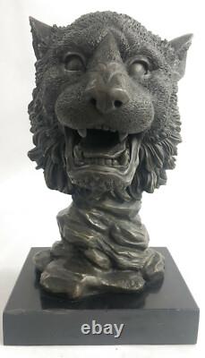 Statue Sculpture De Tête De Lion Royal En Bronze Milo Signé Avec Base En Marbre