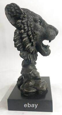 Statue Sculpture De Tête De Lion Royal En Bronze Milo Signé Avec Base En Marbre