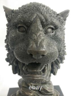 Statue Sculpture De Tête De Lion Royal En Bronze Milo Signé Avec Base En Marbre