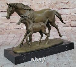 Statue Sculpture Figurine De Poney En Bronze Sur Marbre Art Animal Signée Milo