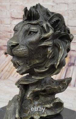 Statue Sculpture Tête De Lion Royal En Bronze Signée Barye Sur Socle En Marbre