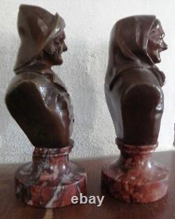 Statuettes BRONZE signées WAAGEN, couple de vieux pêcheurs XIXème, socle marbre