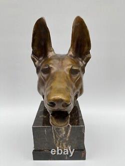 Sujet en bronze Tête chien Berger Allemand Socle marbre 1930 E705