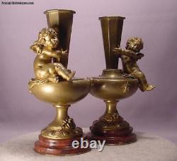 Superbe Paire Antique Angelot Bronze & Marbre Vases Signé Aug. Moreau