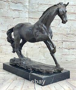Trottant Cheval Signée Original Bronze Sculpture Marbre Base Équestre