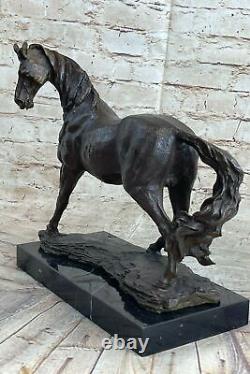 Trottant Cheval Signée Original Bronze Sculpture Statue Marbre Base Équestre