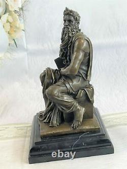 Véritable Bronze Sur Marbre Base Signé Sculpture Moses Tenant 10 Commandements