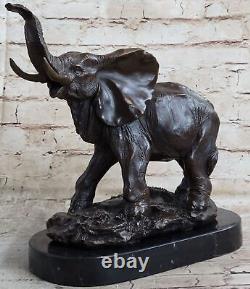 Vie Sauvage Éléphant Bronze Statue Avec / Marbre Base, Signée Sculpture Décor