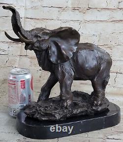 Vie Sauvage Éléphant Bronze Statue Avec / Marbre Base, Signée Sculpture Décor