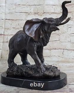 Vie Sauvage Éléphant Bronze Statue Avec / Marbre Base, Signée Sculpture Décor