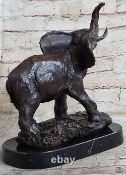 Vie Sauvage Éléphant Bronze Statue Avec / Marbre Base, Signée Sculpture Décor