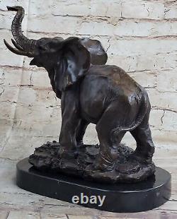 Vie Sauvage Éléphant Bronze Statue Avec / Marbre Base, Signée Sculpture Décor